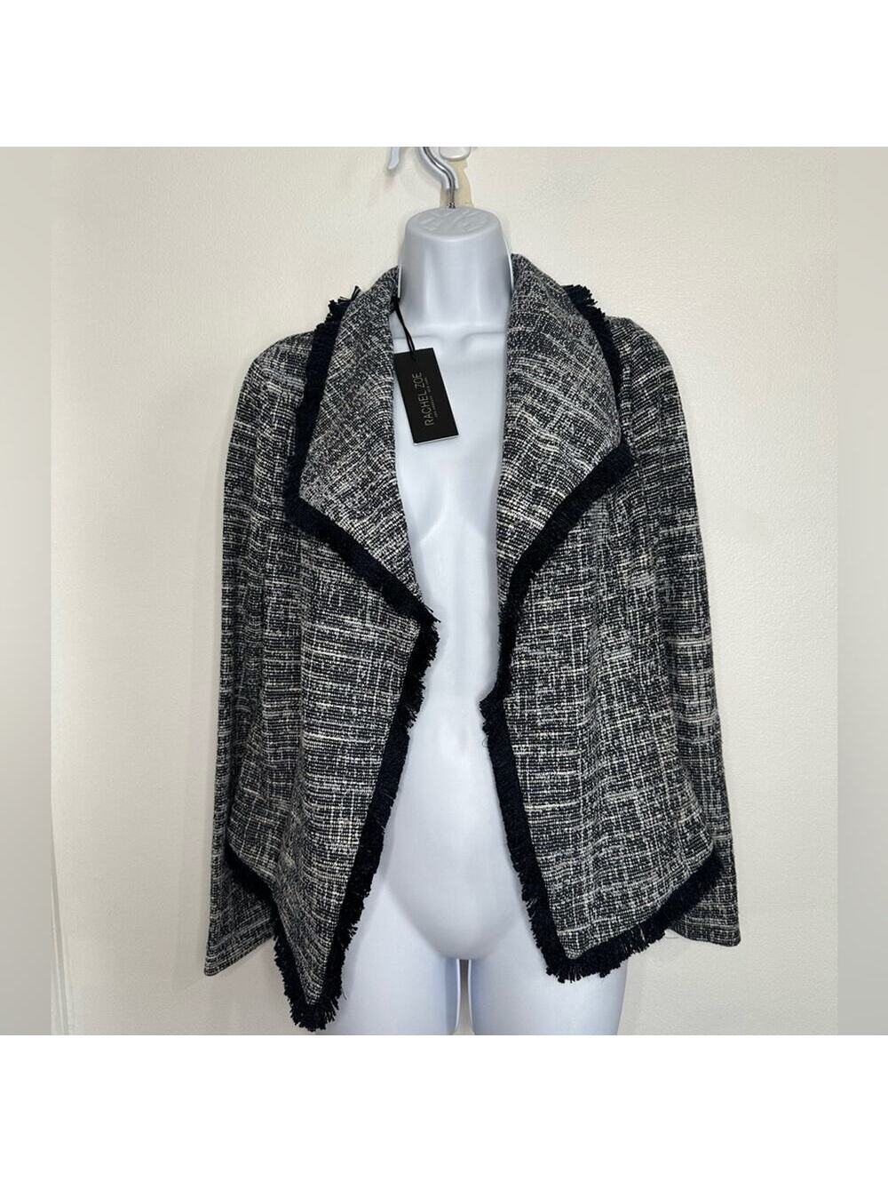 Rachel Zoe Tweed Fringe Jacket Black White Open Front Blazer Boucle Coat, XS - Picture 4 of 8